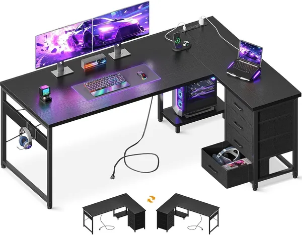 AODK Escritorio Gamer en L 61" con 4 Cajones
